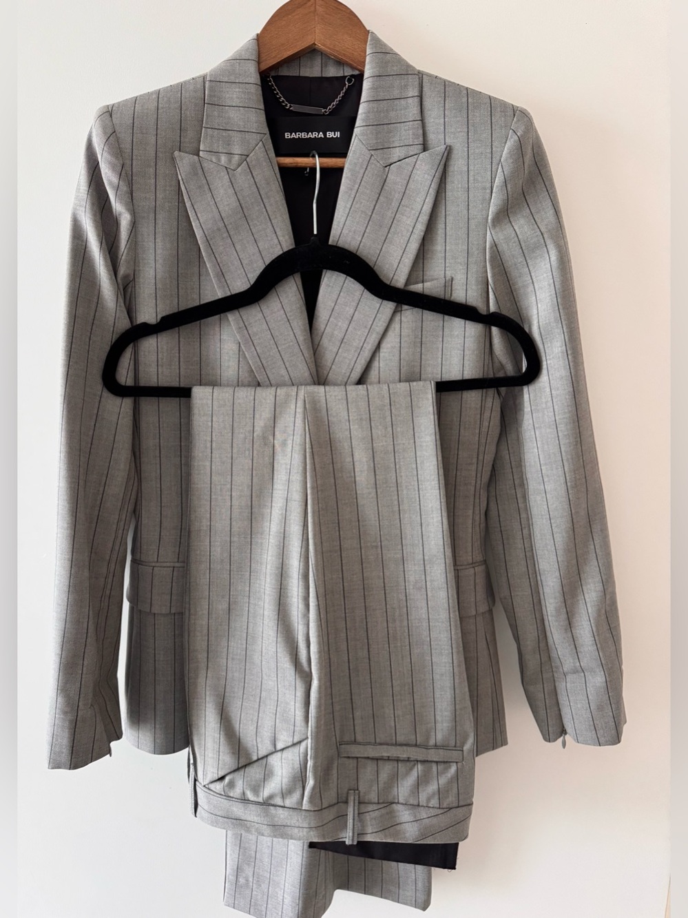 Barbara Bui Light Gray Pinstripe Suit Jacket-M Pants- L Black Stripes as new.